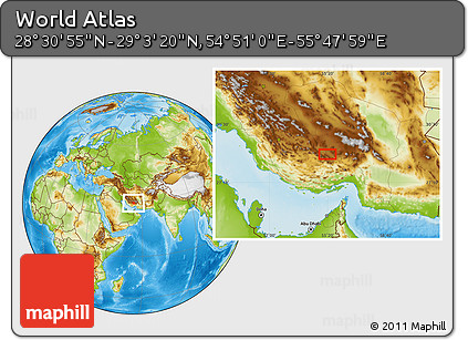 Physical Location Map of the Area around 28° 47' 8" N, 55° 19' 30" E