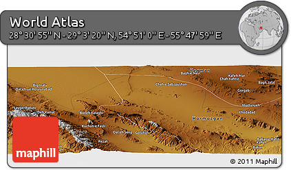 Physical Panoramic Map of the Area around 28° 47' 8" N, 55° 19' 30" E