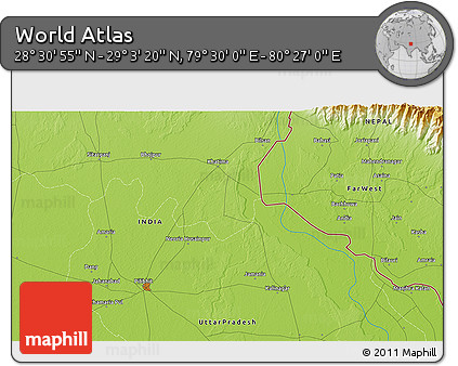 Physical 3D Map of the Area around 28° 47' 8" N, 79° 58' 29" E