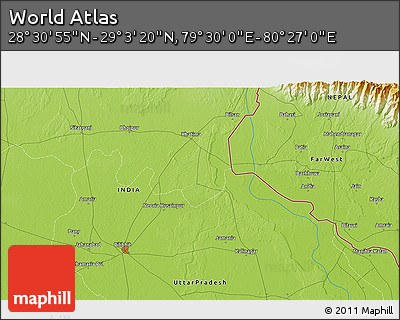 Physical 3D Map of the Area around 28° 47' 8" N, 79° 58' 29" E