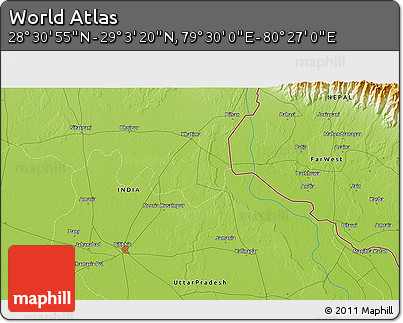 Physical 3D Map of the Area around 28° 47' 8" N, 79° 58' 29" E