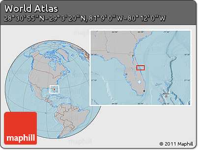 Gray Location Map of the Area around 28° 47' 8" N, 80° 40' 30" W, hill shading