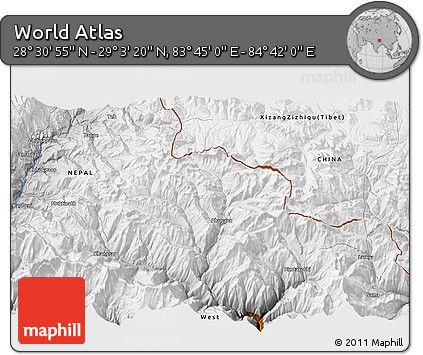 Physical 3D Map of the Area around 28° 47' 8" N, 84° 13' 29" E