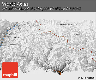 Physical 3D Map of the Area around 28° 47' 8" N, 84° 13' 29" E