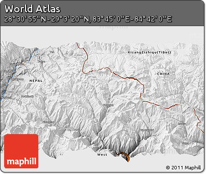 Physical 3D Map of the Area around 28° 47' 8" N, 84° 13' 29" E