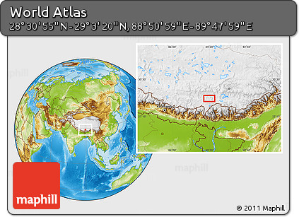 Physical Location Map of the Area around 28° 47' 8" N, 89° 19' 29" E