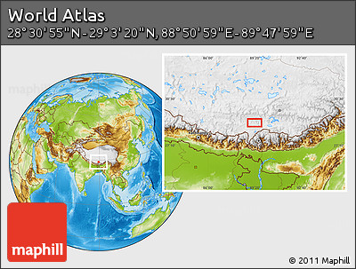 Physical Location Map of the Area around 28° 47' 8" N, 89° 19' 29" E