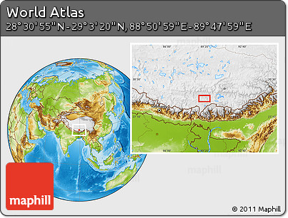 Physical Location Map of the Area around 28° 47' 8" N, 89° 19' 29" E