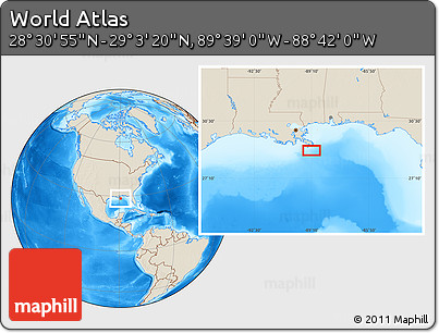 Shaded Relief Location Map of the Area around 28° 47' 8" N, 89° 10' 30" W