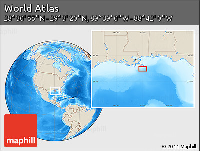 Shaded Relief Location Map of the Area around 28° 47' 8" N, 89° 10' 30" W