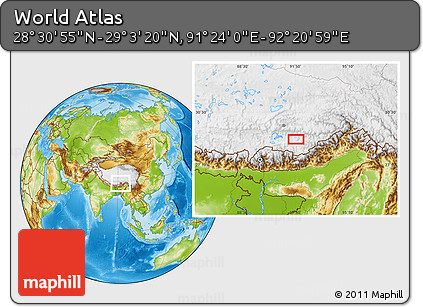 Physical Location Map of the Area around 28° 47' 8" N, 91° 52' 30" E