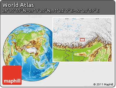 Physical Location Map of the Area around 28° 47' 8" N, 91° 52' 30" E