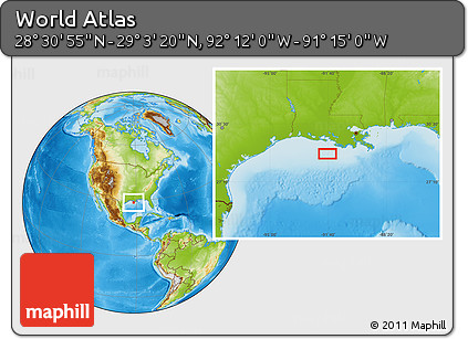 Physical Location Map of the Area around 28° 47' 8" N, 91° 43' 29" W