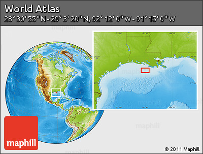 Physical Location Map of the Area around 28° 47' 8" N, 91° 43' 29" W