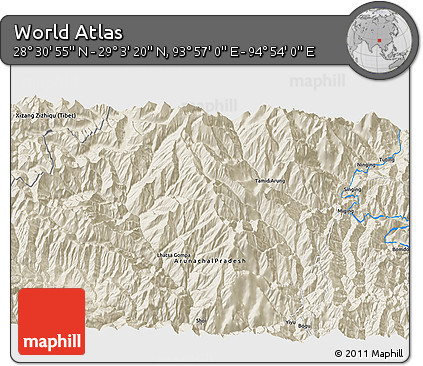 Shaded Relief 3D Map of the Area around 28° 47' 8" N, 94° 25' 30" E