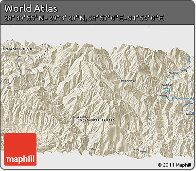 Shaded Relief 3D Map of the Area around 28° 47' 8" N, 94° 25' 30" E