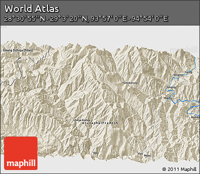 Shaded Relief 3D Map of the Area around 28° 47' 8" N, 94° 25' 30" E