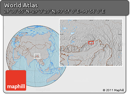 Gray Location Map of the Area around 28° 47' 8" N, 94° 25' 30" E, hill shading