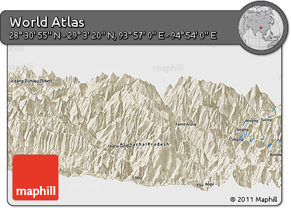Shaded Relief Panoramic Map of the Area around 28° 47' 8" N, 94° 25' 30" E