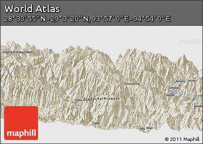Shaded Relief Panoramic Map of the Area around 28° 47' 8" N, 94° 25' 30" E