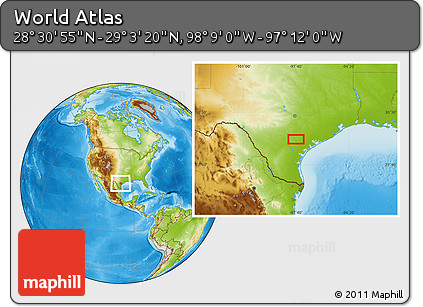 Physical Location Map of the Area around 28° 47' 8" N, 97° 40' 30" W