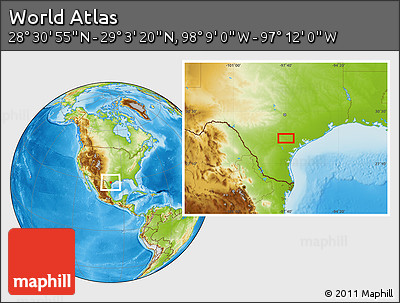 Physical Location Map of the Area around 28° 47' 8" N, 97° 40' 30" W