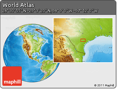 Physical Location Map of the Area around 28° 47' 8" N, 97° 40' 30" W