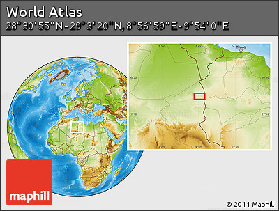 Physical Location Map of the Area around 28° 47' 8" N, 9° 25' 30" E