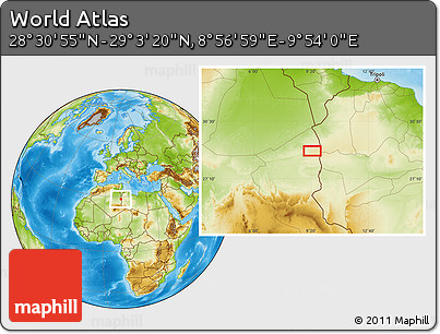 Physical Location Map of the Area around 28° 47' 8" N, 9° 25' 30" E
