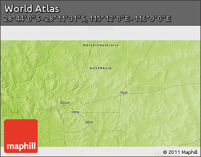 Physical 3D Map of the Area around 28° 27' 45" S, 115° 40' 30" E