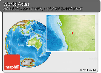 Physical Location Map of the Area around 28° 27' 45" S, 116° 31' 30" E