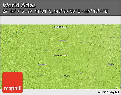 Physical 3D Map of the Area around 28° 27' 45" S, 148° 49' 29" E