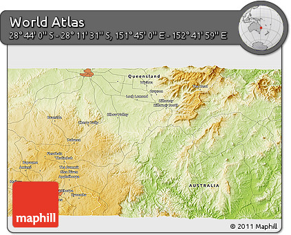 Physical 3D Map of the Area around 28° 27' 45" S, 152° 13' 29" E