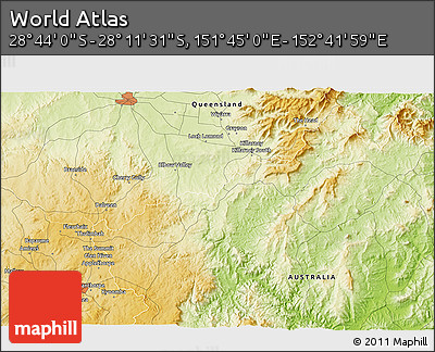 Physical 3D Map of the Area around 28° 27' 45" S, 152° 13' 29" E