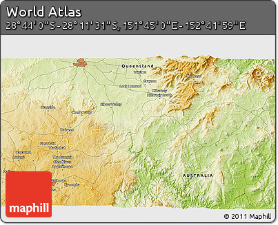 Physical 3D Map of the Area around 28° 27' 45" S, 152° 13' 29" E