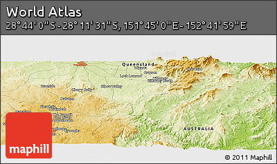 Physical Panoramic Map of the Area around 28° 27' 45" S, 152° 13' 29" E