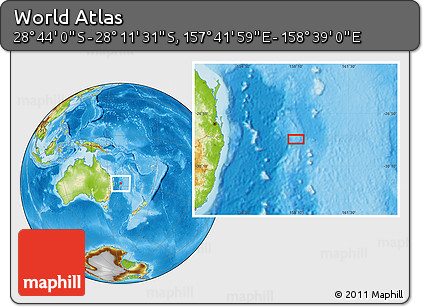 Physical Location Map of the Area around 28° 27' 45" S, 158° 10' 30" E