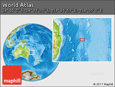 Physical Location Map of the Area around 28° 27' 45" S, 158° 10' 30" E