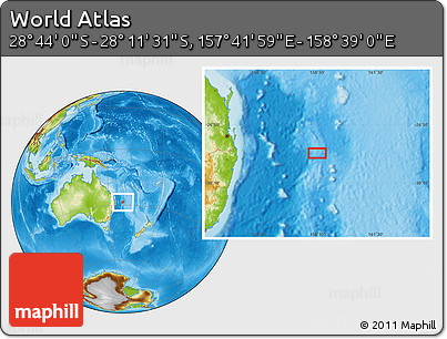 Physical Location Map of the Area around 28° 27' 45" S, 158° 10' 30" E
