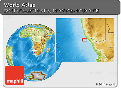 Physical Location Map of the Area around 28° 27' 45" S, 15° 22' 30" E