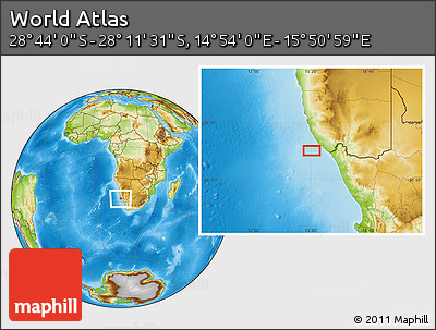 Physical Location Map of the Area around 28° 27' 45" S, 15° 22' 30" E