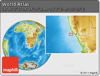 Physical Location Map of the Area around 28° 27' 45" S, 15° 22' 30" E