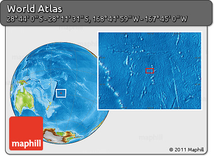 Physical Location Map of the Area around 28° 27' 45" S, 168° 13' 29" W