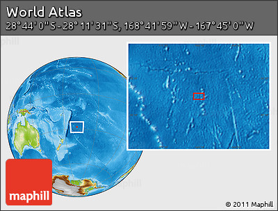 Physical Location Map of the Area around 28° 27' 45" S, 168° 13' 29" W