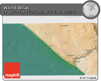 Satellite 3D Map of the Area around 28° 27' 45" S, 16° 13' 30" E