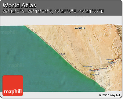 Satellite 3D Map of the Area around 28° 27' 45" S, 16° 13' 30" E