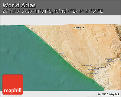 Satellite 3D Map of the Area around 28° 27' 45" S, 16° 13' 30" E