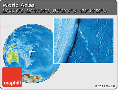 Physical Location Map of the Area around 28° 27' 45" S, 174° 10' 30" W