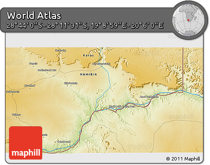 Physical 3D Map of the Area around 28° 27' 45" S, 19° 37' 30" E