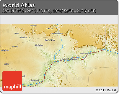 Physical 3D Map of the Area around 28° 27' 45" S, 19° 37' 30" E